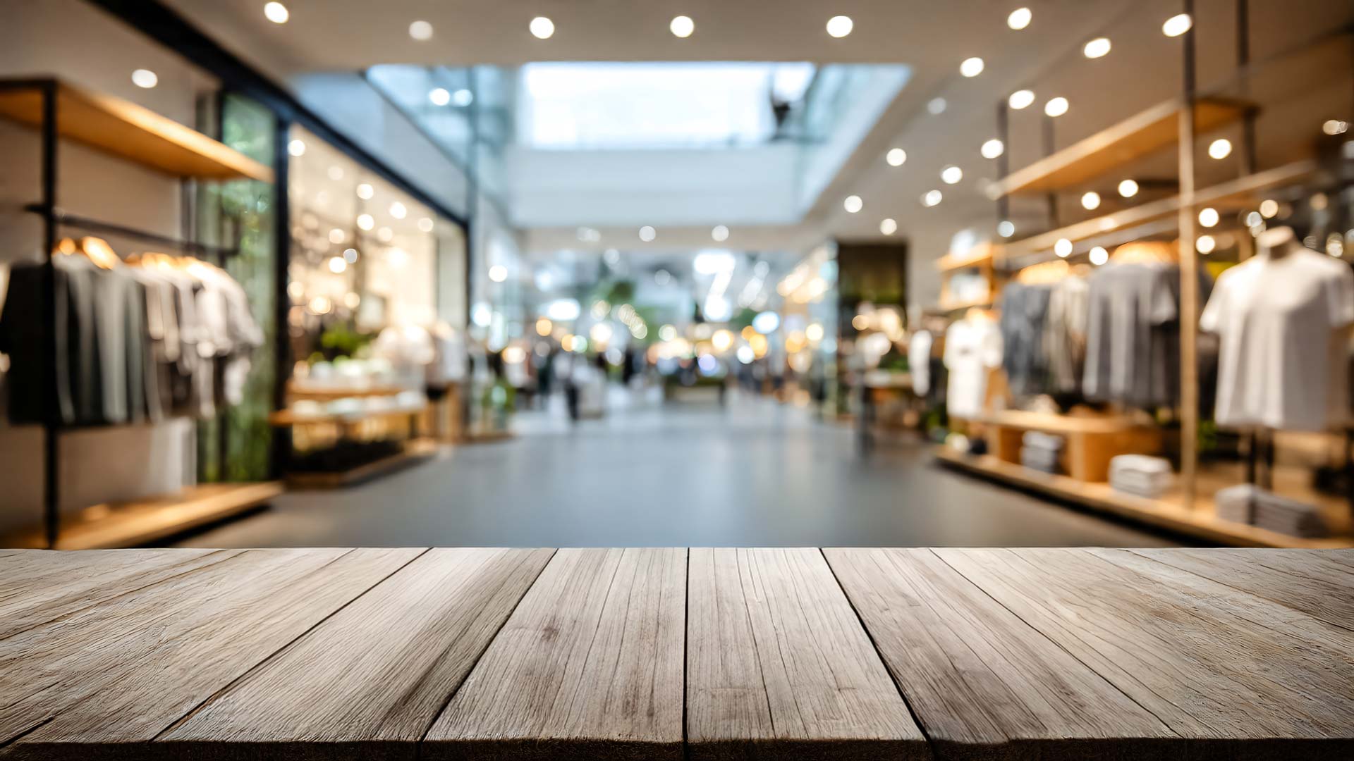 Premier plan avec planche bois et arrière plan avec boutique, magasin de vêtement, centre commercial