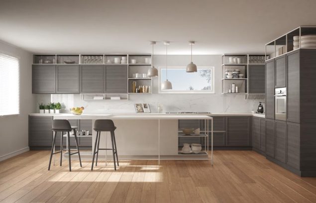 Cuisine moderne blanche et grise avec détails en bois et parquet