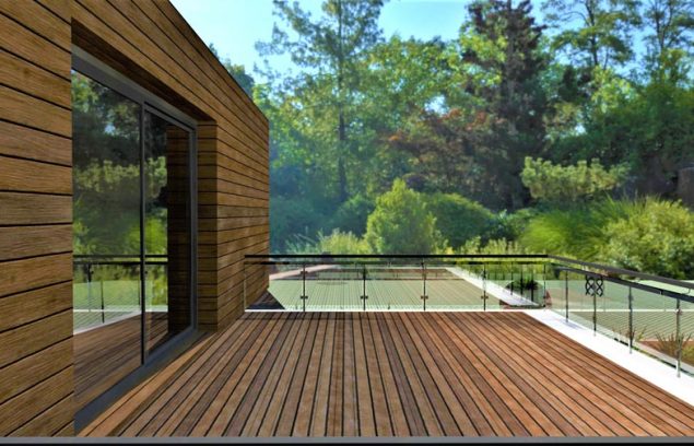 The design of a modern balcony overlooking an amazing tropical p Conception d'un balcon moderne donnant sur un magnifique jardin tropical