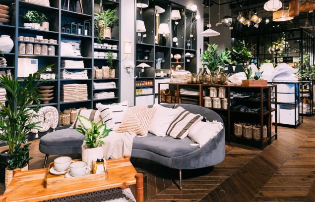 Accessoires et articles ménagers dans un magasin d'un centre commercial. Vue d'accessoires de décoration pour le salon dans un magasin de prêt-à-porter. Canapé avec coussins, table avec tasses. Plante d'intérieur en pot.