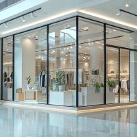 Boutique de vêtements chics et modernes située dans un centre commercial lumineux, dotée d'un intérieur spacieux et sophistiqué avec une façade en verre transparent, présentant une collection de luxe de tenues urbaines contemporaines.