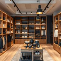 Intérieur magasin vêtement accessoire élégant bois étagère