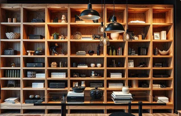 Intérieur magasin vêtement accessoire élégant bois étagère