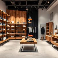 Intérieur magasin vêtement accessoire élégant bois étagère