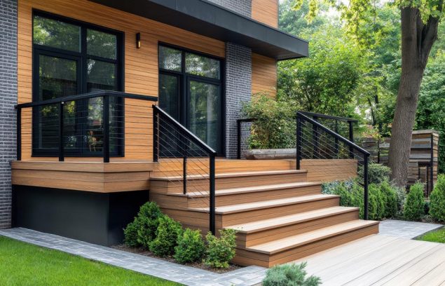 Modern home's wooden deck with stairs and sleek black railings. Ideal for real estate, architecture, and home improvement websites.