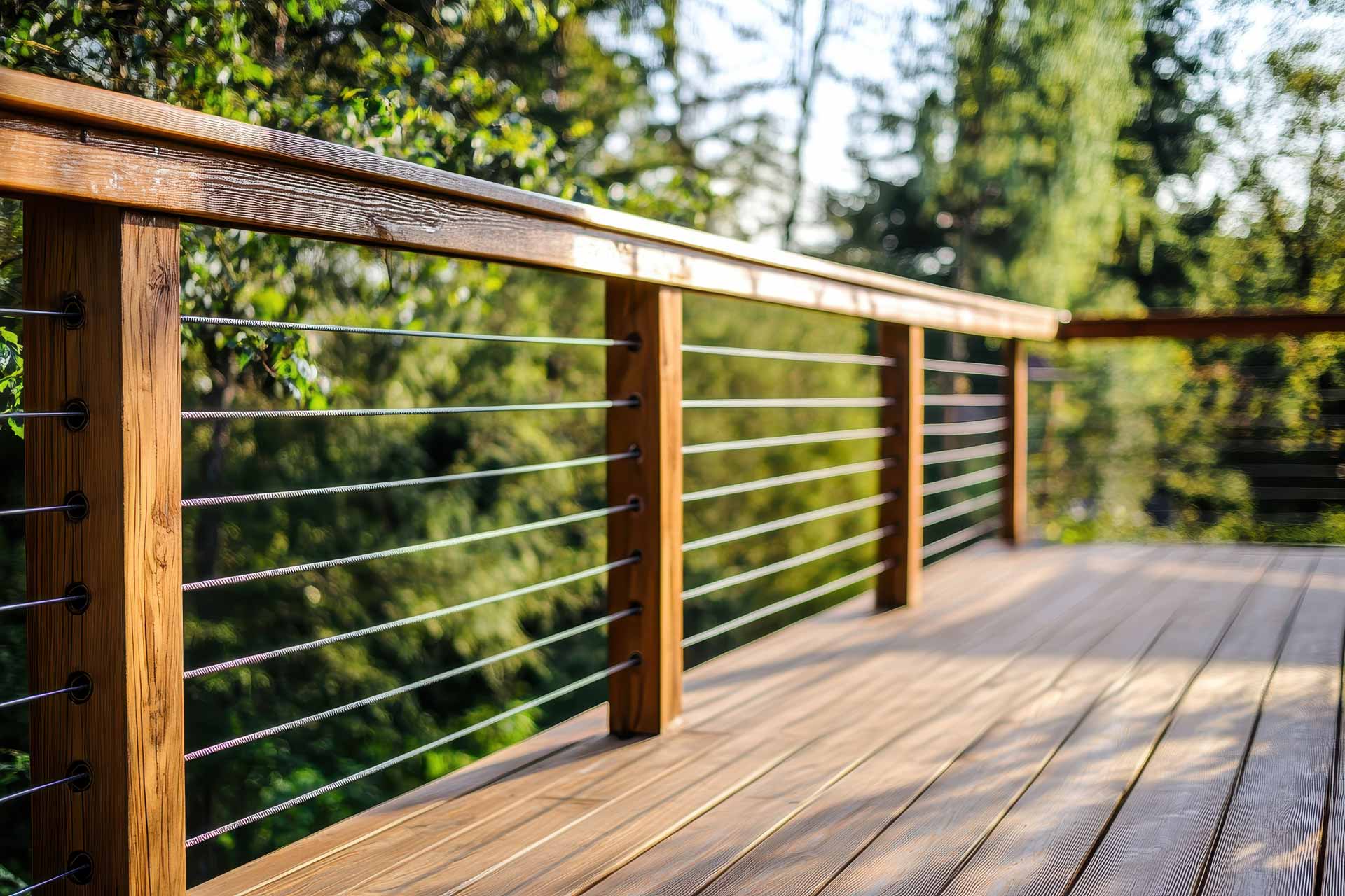 Garde-corps de terrasse. Aménagement extérieur avec garde-corps en fil métallique intégré à une terrasse en bois.