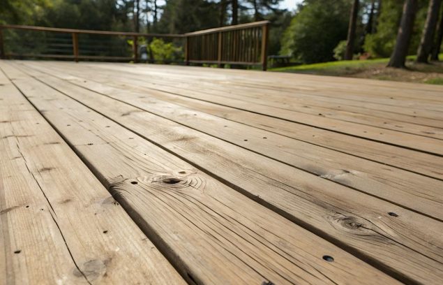 Close up of weathered wooden deck planks with a blurred backgrou