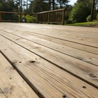 Gros plan sur des planches de terrasse en bois patinées par le temps, avec un arrière-plan flou.